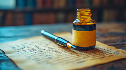 Elegant pen and ink bottle placed on a rustic wooden desk alongside an unfurled piece of handwritten parchment and old leather-bound books
