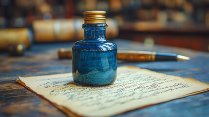 Elegant pen and ink bottle placed on a rustic wooden desk alongside an unfurled piece of handwritten parchment and old leather-bound books