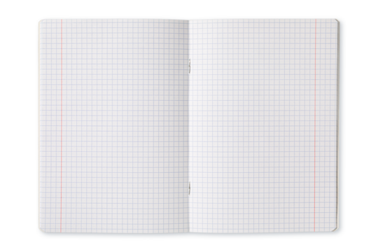 An empty grid notebook lies open on a clean surface, displaying its blank pages