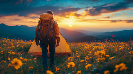 Fototapeta premium Camping under a starry sky beside a serene lake, an orange tent set against the backdrop of majestic mountains at night