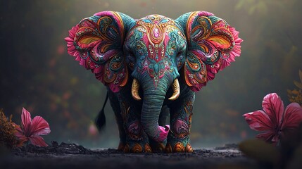 Ornate colorful elephant in jungle.