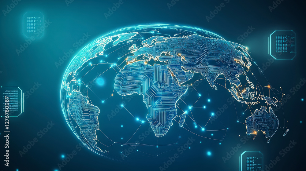 Poster futuristic digital world map displaying global connectivity, technology innovation, and data network