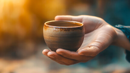 Ceramic cup being crafted on a pottery wheel in an artisan studio during a late afternoon session