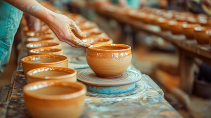 Ceramic cup being crafted on a pottery wheel in an artisan studio during a late afternoon session