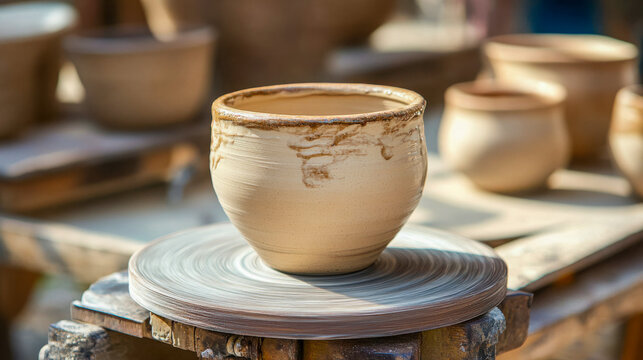 Ceramic cup being crafted on a pottery wheel in an artisan studio during a late afternoon session