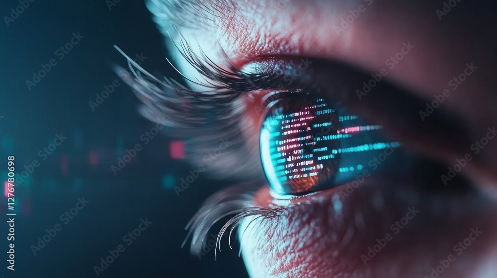 Poster a close-up view of an eye reflecting complex digital data, with vibrant binary code visible against 
