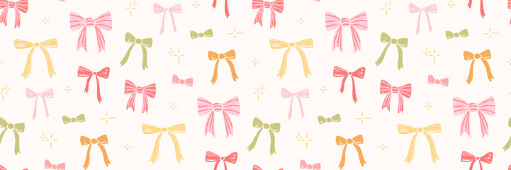 Seamless pattern with decorative ribbon bows and sparkles. Crayon texture. Hand drawn festive wallpaper in pastel shades. Cute and stylish design for fabric, background, gift wrapping, prints.
