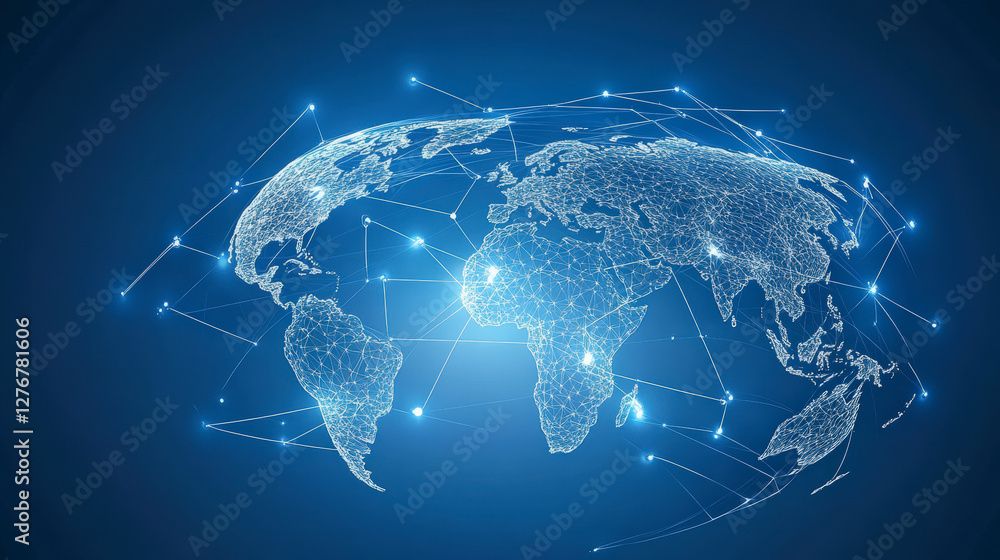 Poster explore global connectivity with a digital world map highlighting interconnected networks, enhancing