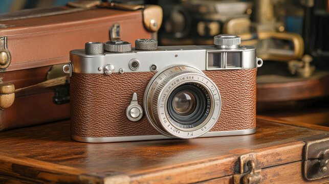 Vintage camera with a classic lens resting on a rustic wooden surface, evoking a sense of nostalgia and craftsmanship
