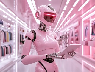 Step into the future of retail in a vibrant, neon-lit fashion store where robotic assistants help customers find their perfect style Experience personalized shopping with cutting-edge AI and sleek