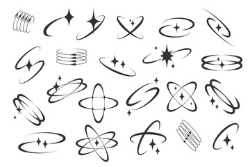 Futuristic spin and sparkle graphic elements. Y2K inspired orbital elements with sparkling details