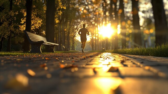 Silhouette of male jogger running on leaf-covered park path at sunrise