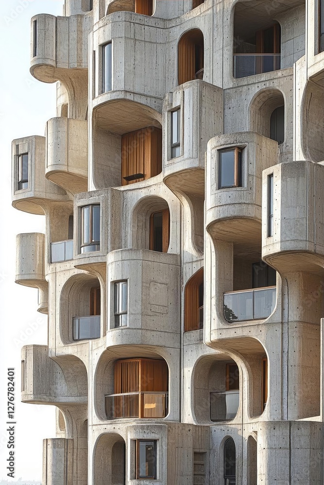 Poster modern architectural design featuring unique concrete structures with large windows and balconies