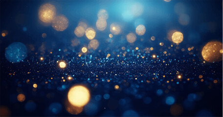 A magical abstract background with shimmering gold and blue bokeh lights. The sparkling particles create a dreamy, luxurious, and festive atmosphere. The image has a soft-focus effect with glowing orb © PIXEL RISE