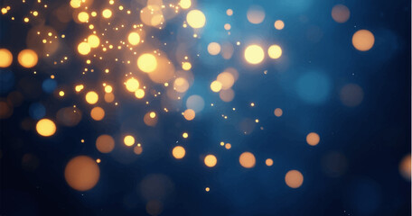 A magical abstract background with shimmering gold and blue bokeh lights. The sparkling particles create a dreamy, luxurious, and festive atmosphere. The image has a soft-focus effect with glowing orb © PIXEL RISE