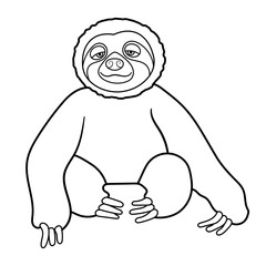 Cute Sitting Sloth Outline  Vector Illustration. A charming black-and-white line art illustration of a sloth sitting in a relaxed position. The sloth has a gentle, content facial expression.
