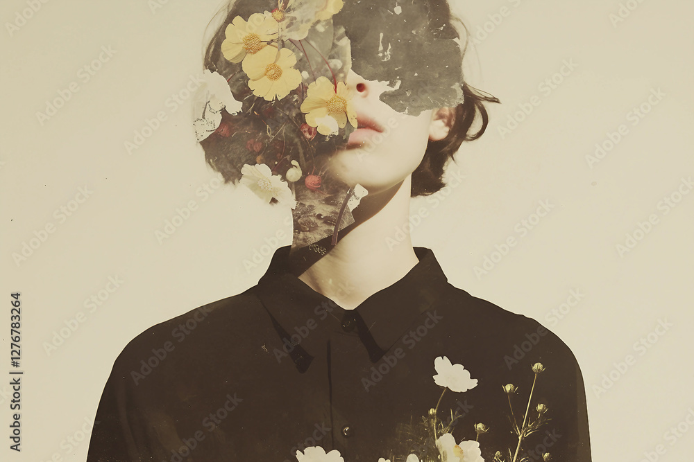 Aufkleber generative ai retro style collage art featuring a woman with floral elements in a surreal spring com