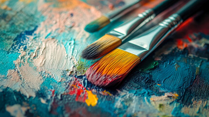 Obraz premium Colorful paint set with various brushes positioned on a vibrant canvas filled with abstract brush strokes and rich textures