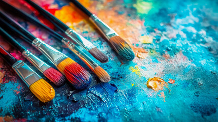 Fototapeta premium Colorful paint set with various brushes positioned on a vibrant canvas filled with abstract brush strokes and rich textures
