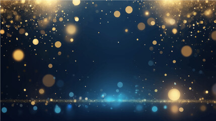 A magical abstract background with shimmering gold and blue bokeh lights. The sparkling particles create a dreamy, luxurious, and festive atmosphere. The image has a soft-focus effect with glowing orb © PIXEL RISE