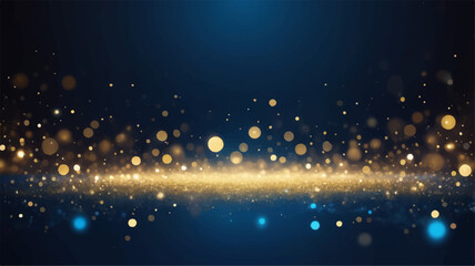 A magical abstract background with shimmering gold and blue bokeh lights. The sparkling particles create a dreamy, luxurious, and festive atmosphere. The image has a soft-focus effect with glowing orb