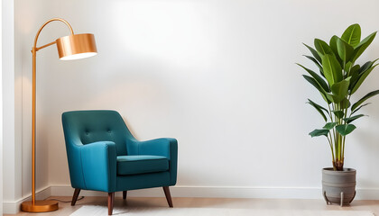  Staged interior with teal chair, floor lamp, and potted plant against a white wall