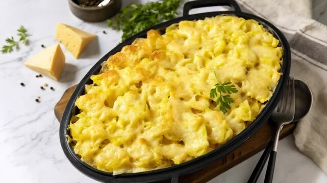 Golden baked macaroni and cheese cooling on counter with garnish and fresh ingredients