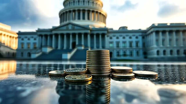 A small stack of coins in front of a vast government building, illustrating the concept of inflation eroding economic value over time.