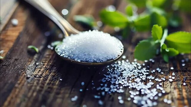 Scattering of spices on a spoon on a wooden table
