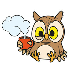 Cute cartoon little sleepy owl with cup cf coffee or tea isolated on white background