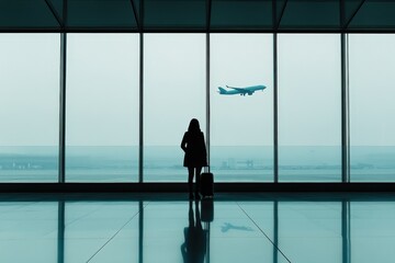 Fototapeta premium A woman with a suitcase watches an airplane take off at the airport