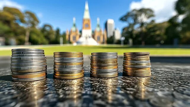 Multiple stacks of coins of different heights in front of a parliament building, symbolizing interest rate adjustments and their effects on borrowing and investments.