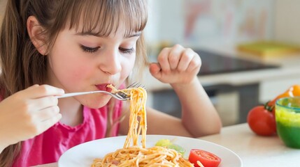 Young Girl Enjoying A Plate Of Spaghetti in a Bright Kitchen