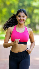 Fototapeta premium Smiling Woman Jogging Outdoors in a Park for Fitness and Wellbeing