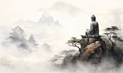 Buddha sits on a mountain top with clouds in the background. Japan traditional sumi-e painting. Abstract painting of blurred ink.