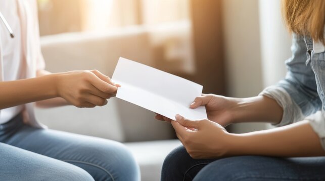 Hospital discharge scene with a nurse handing over discharge paperwork to a patient in a well-lit room. Featuring recovery and closure