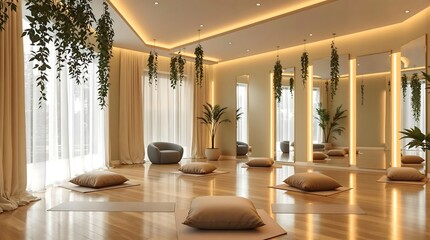Spacious Yoga Studio with Hanging Plants, Mirrors, and Natural Light