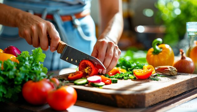 Close Up of Hands Slicing Fresh Vegetables on a Wooden Cutting Board - Powered by Adobe