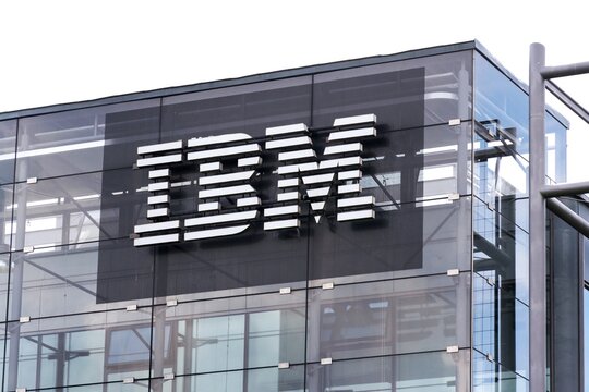 PRAGUE, CZECH REPUBLIC - MAY 10 2018: IBM company logo on headquarters building on May 10, 2018 in Prague, Czech Republic.