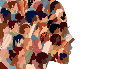 Woman face silhouette in profile with group of multicultural women faces inside.Racial equality anti-racism concept. Woman who gives voice to other group women.Inclusive. Isolated
