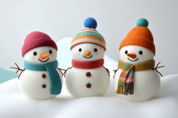 Three cheerful snowmen stand in fresh white snow, adorned with hats