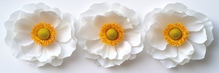 Fototapeta premium Three white daisies are next to each other on a white surface