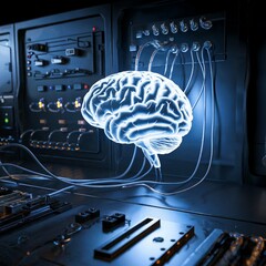 There is a brain with wires coming out of it, and the wires are connected to a circuit board.