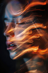 A portrait of a woman with a melancholic expression, surrounded by dynamic light trails, conveying deep emotion.