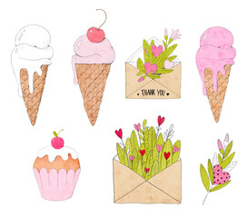 Sweet Love Collection, Watercolor Ice Cream, Cupcake, and Floral Envelopes with Thank You notes. Romantic feeling perfect for expressing love and gratitude.