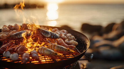 Grilling seafood at sunset with glowing flames creates warm, inviting atmosphere. vibrant colors of shrimp and fish contrast beautifully with shimmering water