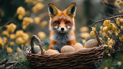 Fototapeta premium A curious fox is sitting beside a basket of eggs amidst vibrant yellow flowers.