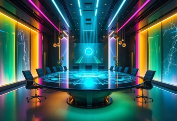 Futuristic Conference Room with Circular Table and Neon Lighting