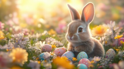 A cute rabbit surrounded by colorful Easter eggs and vibrant flowers.