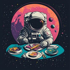 Fototapeta premium Astronaut eating meal in outer space. Possible use print, poster